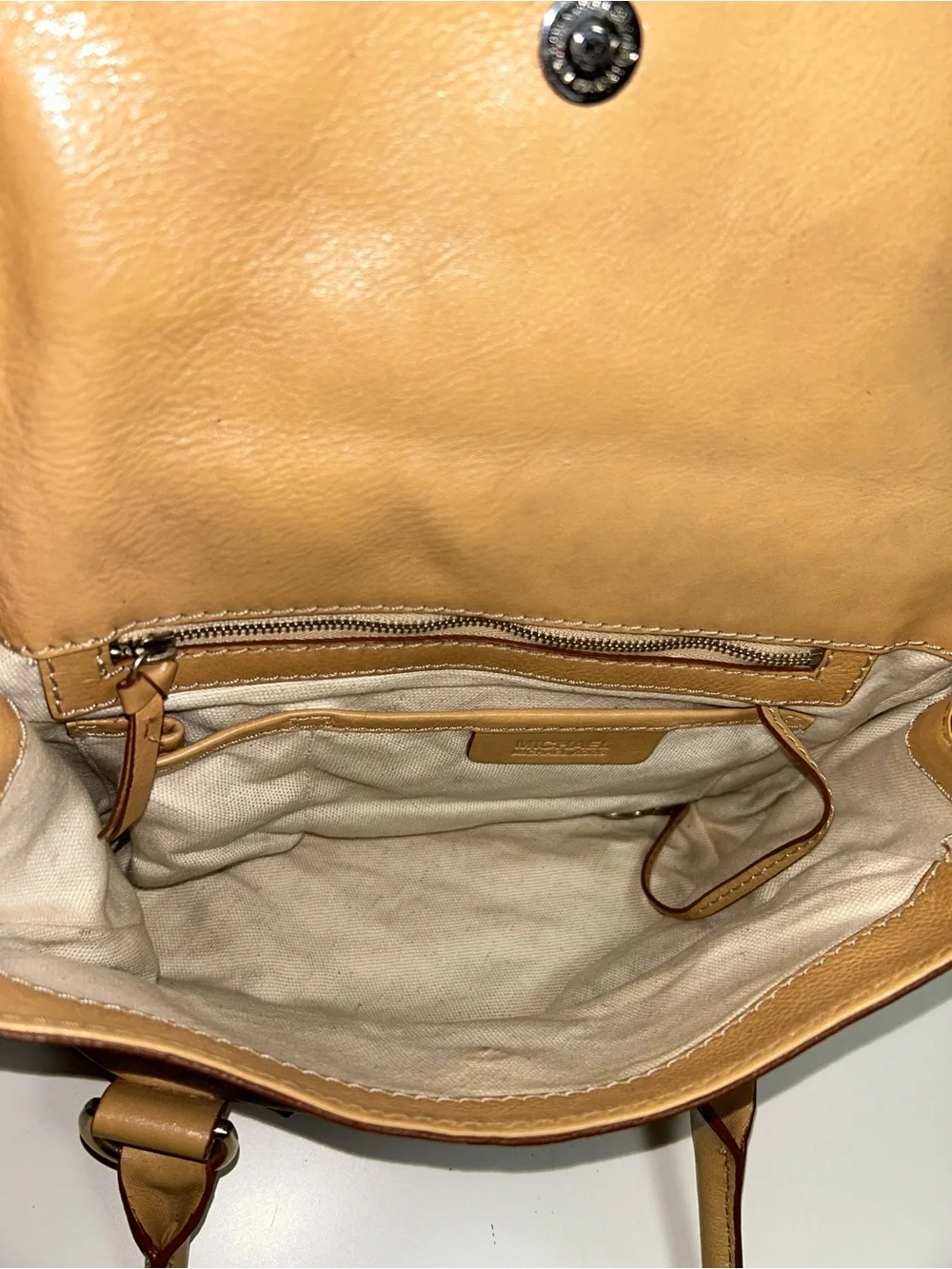 Michael Kors Y2K Tan Pebbled Leather Double Flap Three Section Satchel